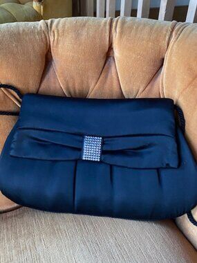 VTG Elegant Classic Black Satin Evening Clutch Bag with Sparkle Rhinestone Bow